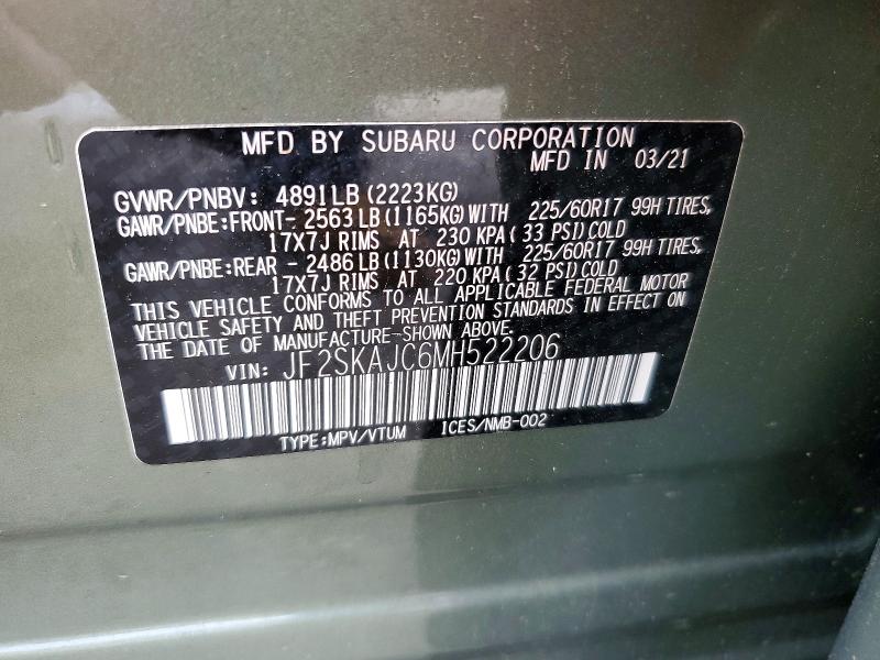 Продаж на аукціоні авто 2021 Subaru Forester, vin: JF2SKAJC6MH522206, номер лоту: 62015226