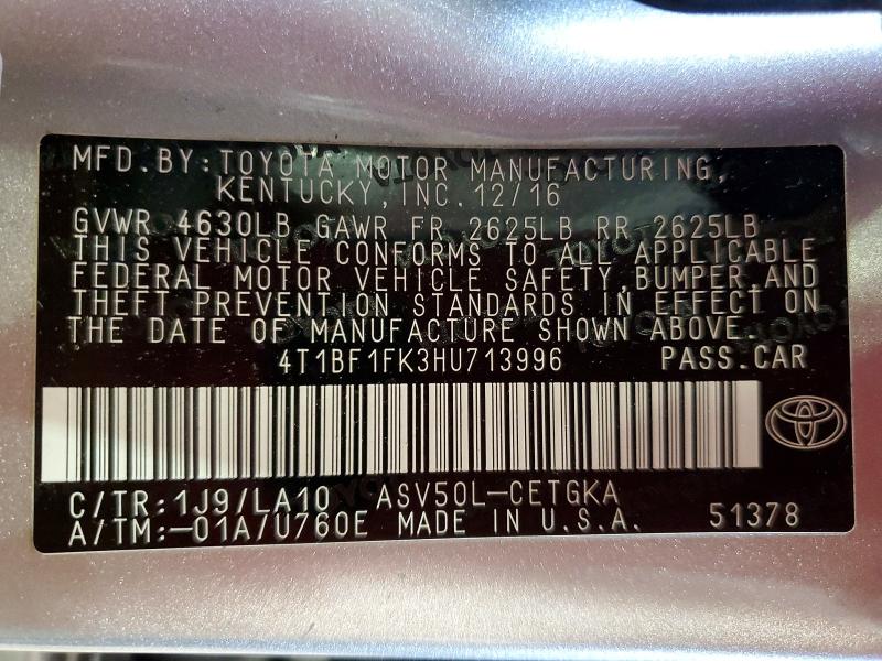 Продажа на аукционе авто 2017 Toyota Camry, vin: 4T1BF1FK3HU713996, номер лота: 60936666