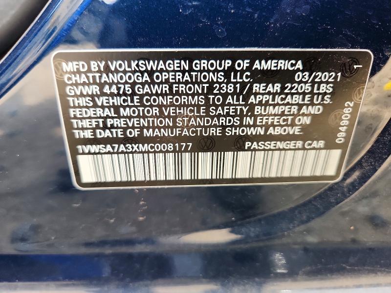 62679336 :رقم المزاد ، 1VWSA7A3XMC008177 vin ، 2021 Volkswagen Passat مزاد بيع