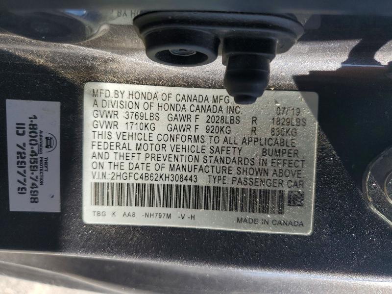 63443316 :رقم المزاد ، 2HGFC4B62KH308443 vin ، 2019 Honda Civic مزاد بيع