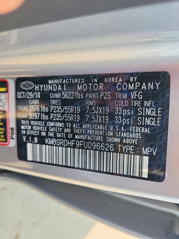 2015 Hyundai Santa Fe მანქანა იყიდება აუქციონზე, vin: KM8SRDHF9FU096626, აუქციონის ნომერი: 62280486