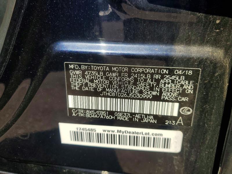 Aukcja sprzedaży 2018 Lexus Is, vin: JTHC81D26J5030999, numer aukcji: 62418476