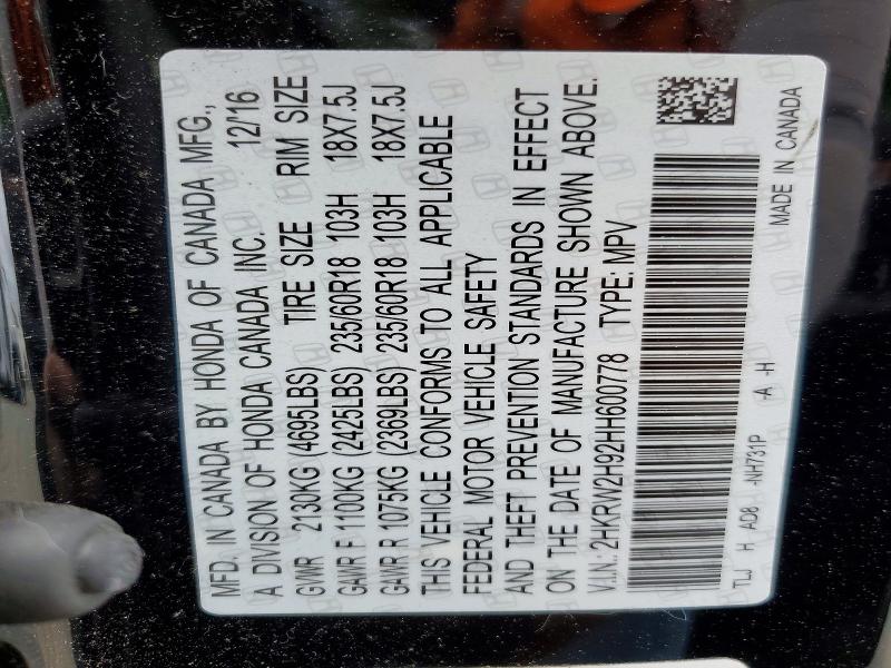 62917116 :رقم المزاد ، 2HKRW2H92HH600778 vin ، 2017 Honda Cr-v مزاد بيع