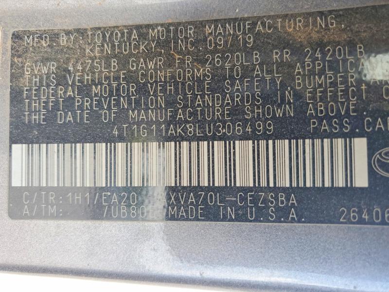 59955096 :رقم المزاد ، 4T1G11AK8LU306499 vin ، 2020 Toyota Camry مزاد بيع