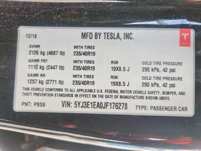 Aukcja sprzedaży 2018 Tesla Model 3, vin: 5YJ3E1EA0JF176278, numer aukcji: 60864126