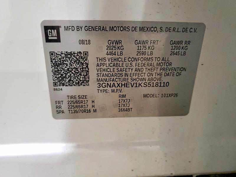 62086566 :رقم المزاد ، 3GNAXHEV1KS518110 vin ، 2019 Chevrolet Equinox مزاد بيع
