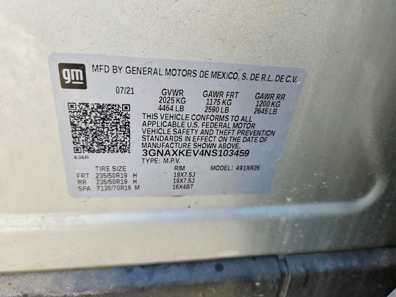 62401996 :رقم المزاد ، 3GNAXKEV4NS103459 vin ، 2022 Chevrolet Equinox مزاد بيع