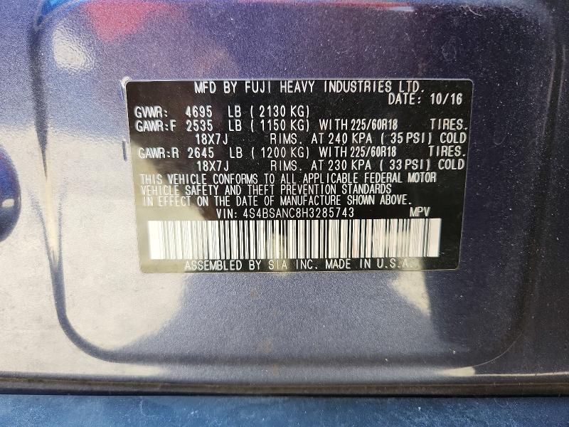 Aukcja sprzedaży 2017 Subaru Outback, vin: 4S4BSANC8H3285743, numer aukcji: 61408916
