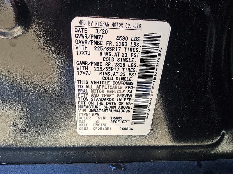 61930766 :رقم المزاد ، JN8AT2MT8LW043096 vin ، 2020 Nissan Rogue مزاد بيع