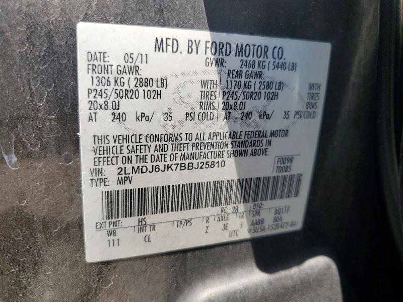 Продаж на аукціоні авто 2011 Lincoln Mkx, vin: 2LMDJ6JK7BBJ25810, номер лоту: 59596606
