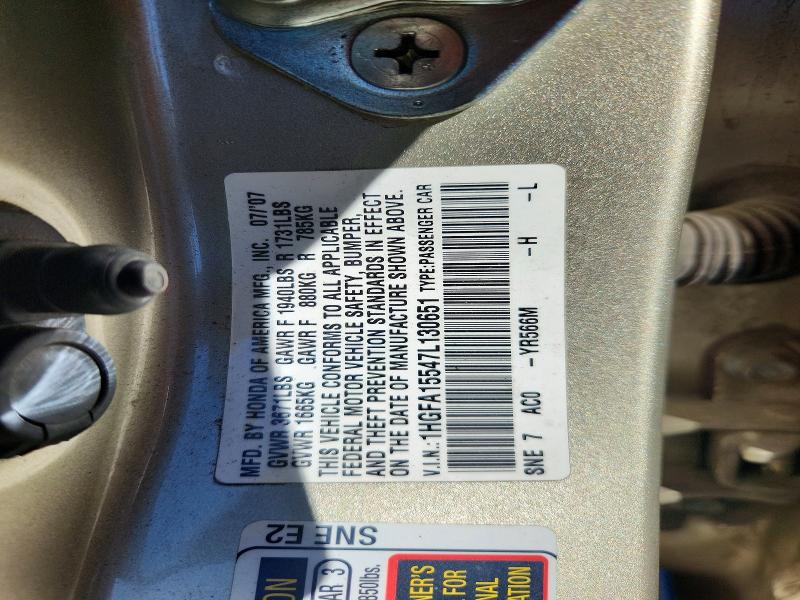 Aukcja sprzedaży 2007 Honda Civic, vin: 1HGFA15547L130651, numer aukcji: 85616825