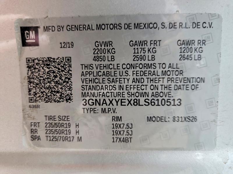 Aukcja sprzedaży 2020 Chevrolet Equinox, vin: 3GNAXYEX8LS610513, numer aukcji: 62643066