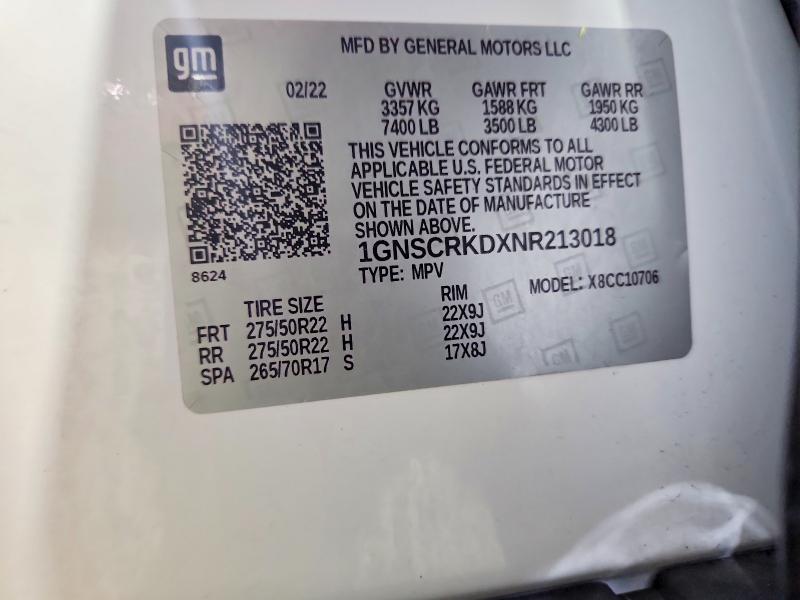 Продаж на аукціоні авто 2022 Chevrolet Tahoe, vin: 1GNSCRKDXNR213018, номер лоту: 59598686