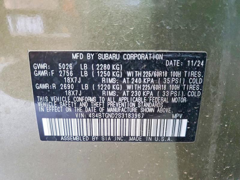 2025 Subaru Outback მანქანა იყიდება აუქციონზე, vin: 4S4BTGND2S3183967, აუქციონის ნომერი: 61211226