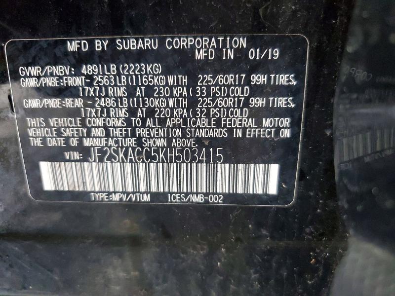 63290296 :رقم المزاد ، JF2SKACC5KH503415 vin ، 2019 Subaru Forester مزاد بيع