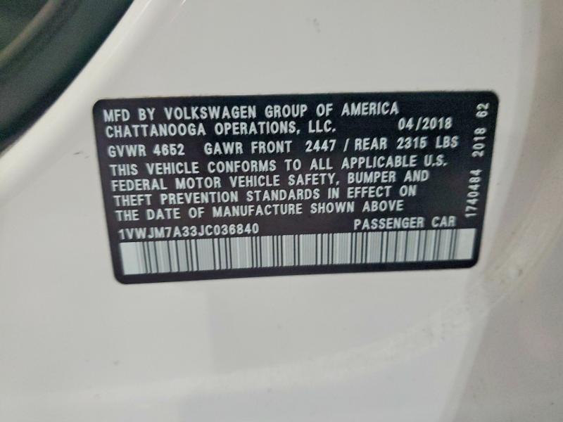 60291346 :رقم المزاد ، 1VWJM7A33JC036840 vin ، 2018 Volkswagen Passat مزاد بيع