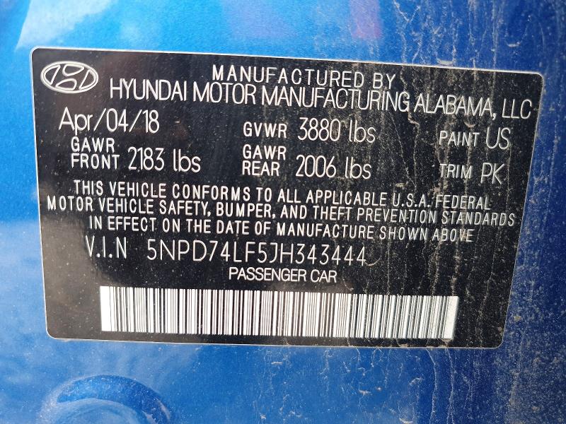60145036 :رقم المزاد ، 5NPD74LF5JH343444 vin ، 2018 Hyundai Elantra مزاد بيع