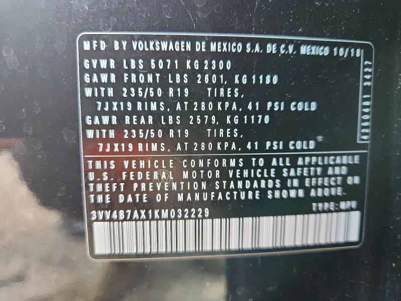 2019 Volkswagen Tiguan მანქანა იყიდება აუქციონზე, vin: 3VV4B7AX1KM032229, აუქციონის ნომერი: 60043526