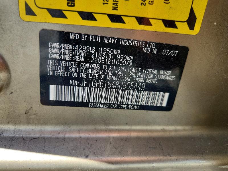 Продажа на аукционе авто 2008 Subaru Impreza, vin: JF1GH61648H805449, номер лота: 62396526
