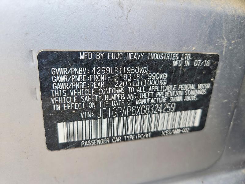 60385776 :رقم المزاد ، JF1GPAP6XG8324259 vin ، 2016 Subaru Impreza مزاد بيع
