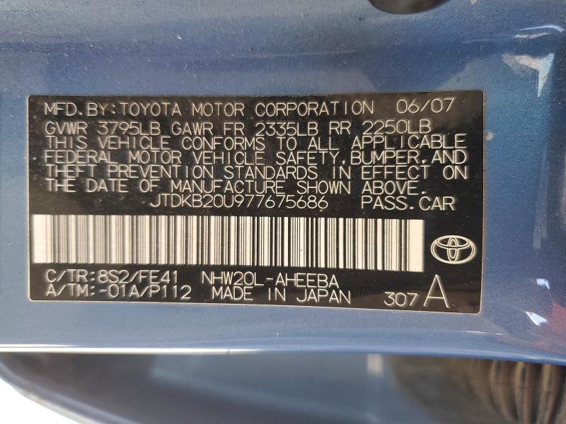 62988966 :رقم المزاد ، JTDKB20U977675686 vin ، 2007 Toyota Prius مزاد بيع