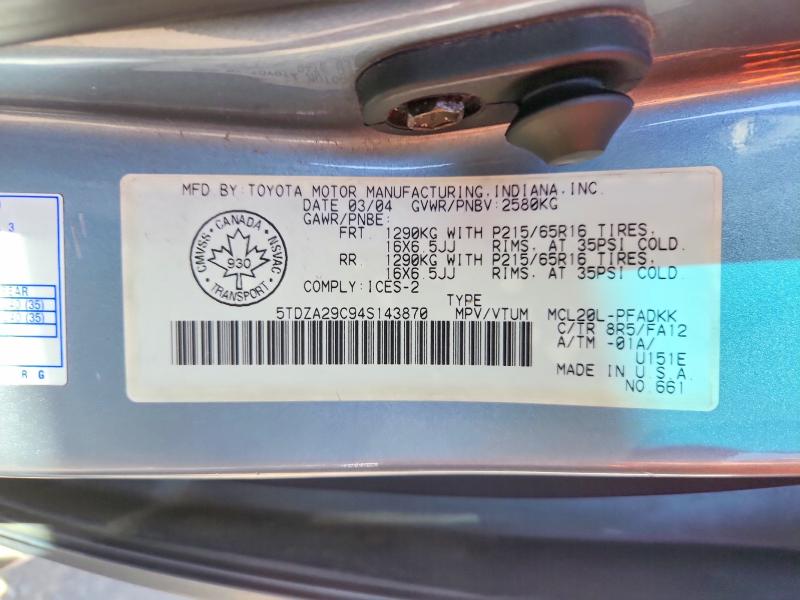 Aukcja sprzedaży 2004 Toyota Sienna, vin: 5TDZA29C94S143870, numer aukcji: 57996896