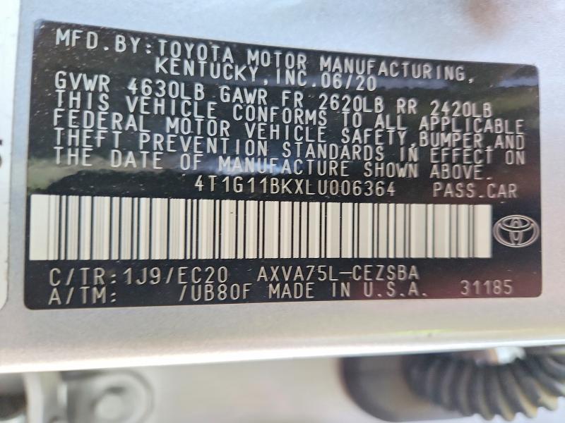 Продажа на аукционе авто 2020 Toyota Camry, vin: 4T1G11BKXLU006364, номер лота: 61605086