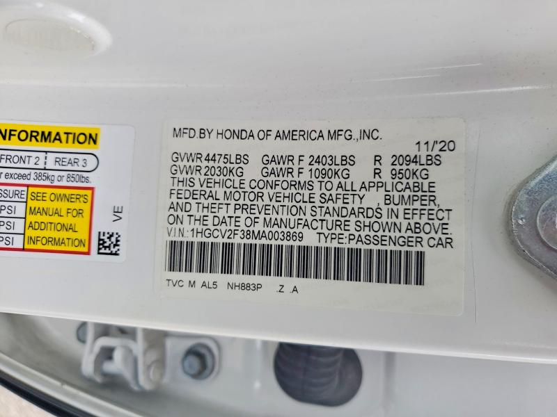 Продаж на аукціоні авто 2021 Honda Accord, vin: 1HGCV2F38MA003869, номер лоту: 60263076