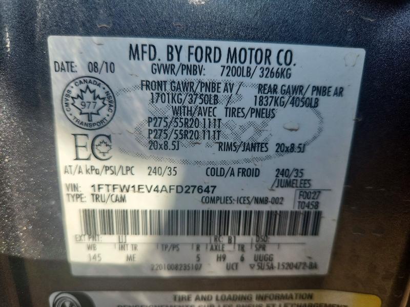 2010 Ford F150 მანქანა იყიდება აუქციონზე, vin: 1FTFW1EV4AFD27647, აუქციონის ნომერი: 60608286