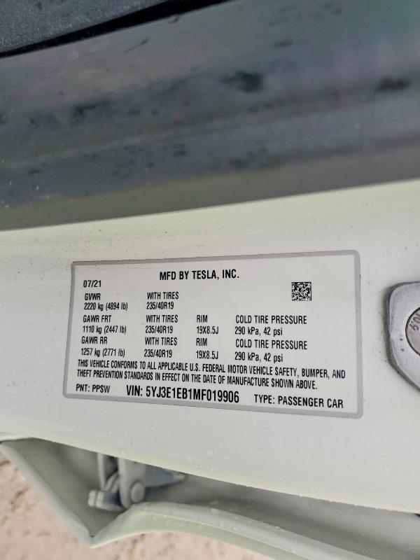 Продаж на аукціоні авто 2021 Tesla Model 3, vin: 5YJ3E1EB1MF019906, номер лоту: 59265826