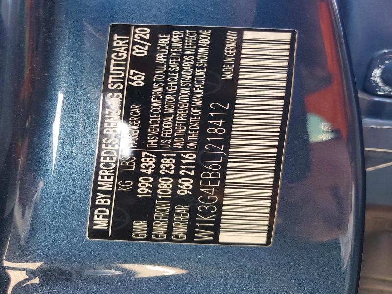 59098786 :رقم المزاد ، W1K3G4EB6LJ218412 vin ، 2020 Mercedes-benz A مزاد بيع
