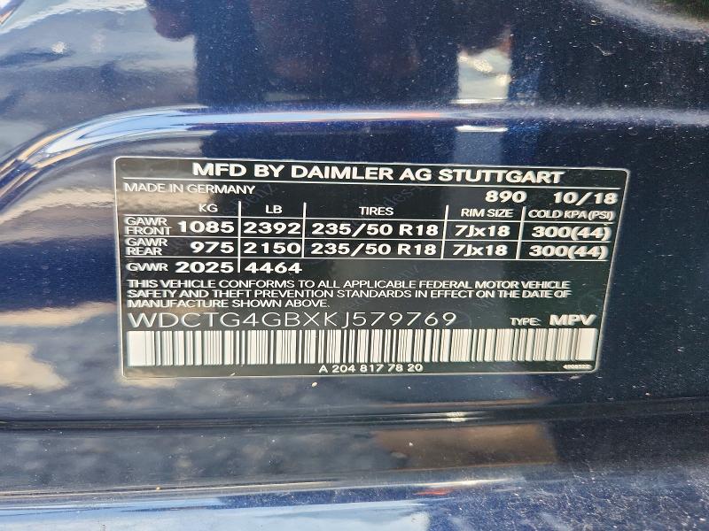 60597686 :رقم المزاد ، WDCTG4GBXKJ579769 vin ، 2019 Mercedes-benz Gla مزاد بيع