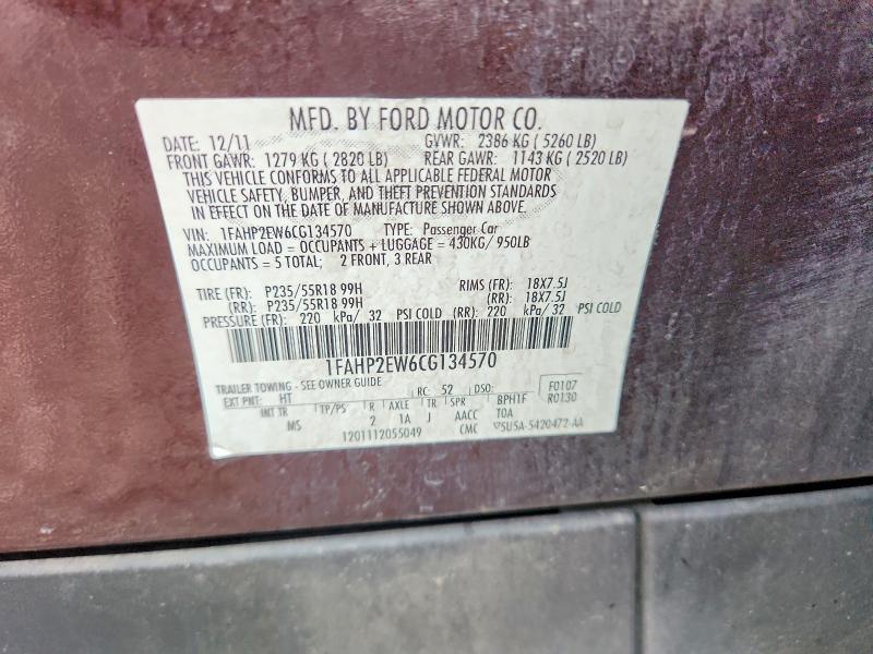 61132546 :رقم المزاد ، 1FAHP2EW6CG134570 vin ، 2012 Ford Taurus مزاد بيع