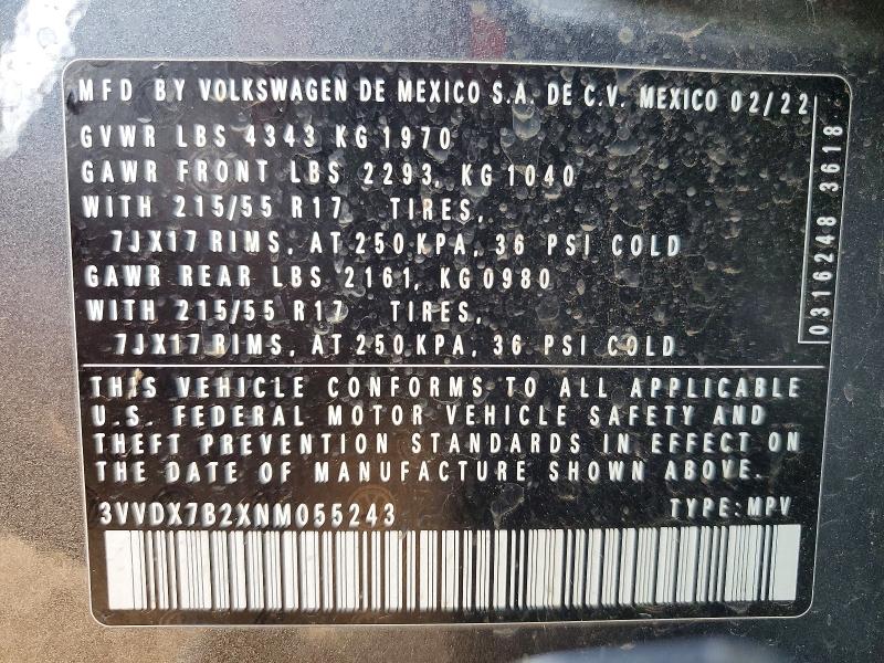 Продажа на аукционе авто 2022 Volkswagen Taos, vin: 3VVDX7B2XNM055243, номер лота: 60832536