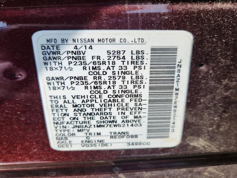 Продажа на аукционе авто 2014 Nissan Murano, vin: JN8AZ1MW7EW521403, номер лота: 62753346