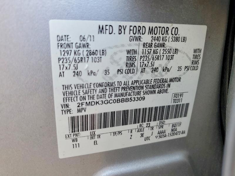 Продаж на аукціоні авто 2011 Ford Edge, vin: 2FMDK3GC0BBB53309, номер лоту: 62807626