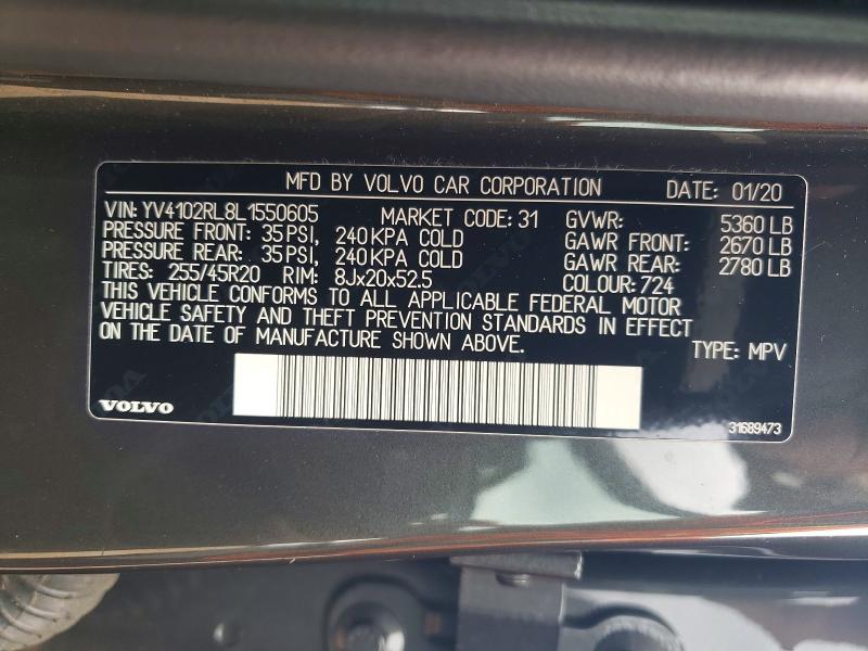 Aukcja sprzedaży 2020 Volvo Xc60, vin: YV4102RL8L1550605, numer aukcji: 62289526