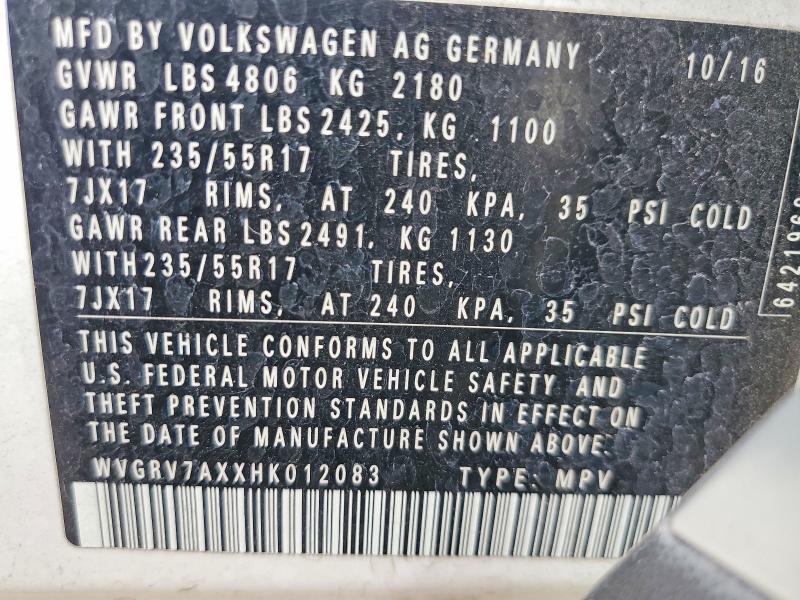 Продаж на аукціоні авто 2017 Volkswagen Tiguan, vin: WVGRV7AXXHK012083, номер лоту: 60714316