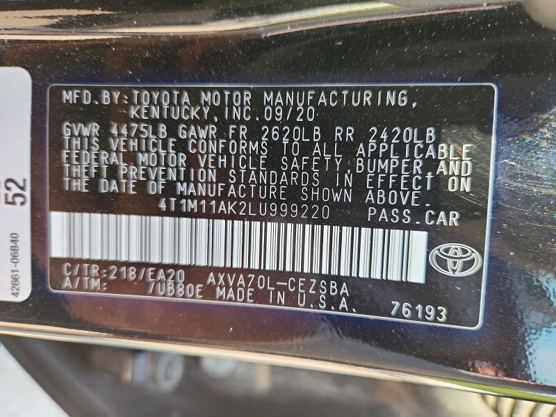 2020 Toyota Camry მანქანა იყიდება აუქციონზე, vin: 4T1M11AK2LU999220, აუქციონის ნომერი: 62266526