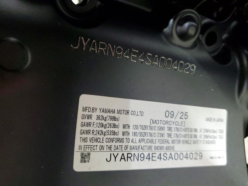 2025 Yamaha Mt09 მანქანა იყიდება აუქციონზე, vin: JYARN94E4SA004029, აუქციონის ნომერი: 62784016