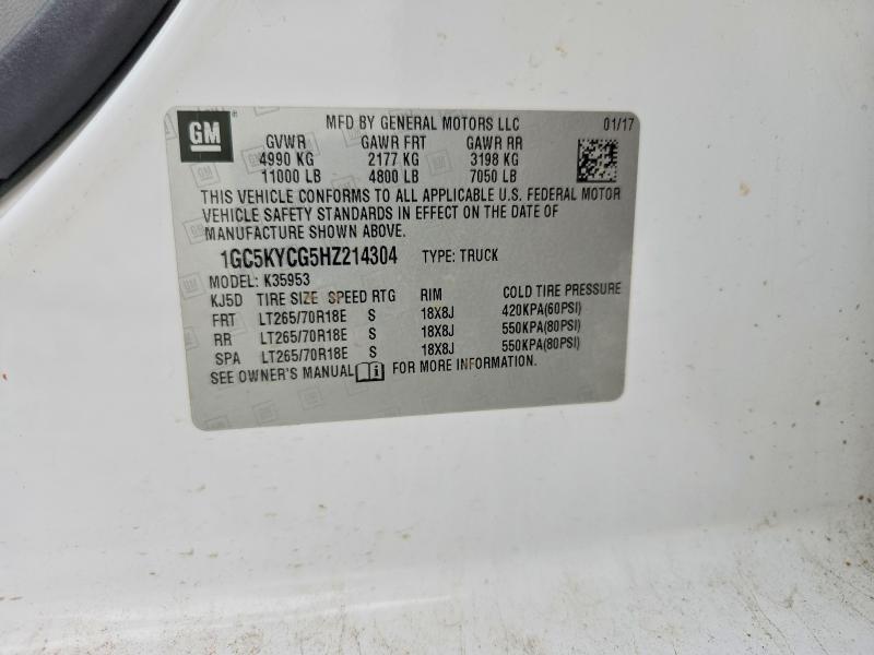 2017 Chevrolet Silverado მანქანა იყიდება აუქციონზე, vin: 1GC5KYCG5HZ214304, აუქციონის ნომერი: 61977866