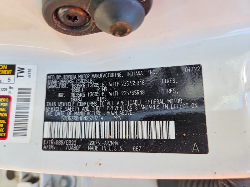 Aukcja sprzedaży 2022 Toyota Highlander, vin: 5TDGZRBH0NS578714, numer aukcji: 73342655
