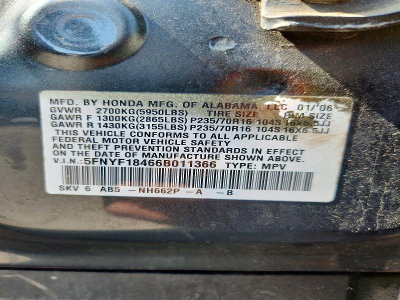 62245056 :رقم المزاد ، 5FNYF18466B011366 vin ، 2006 Honda Pilot مزاد بيع