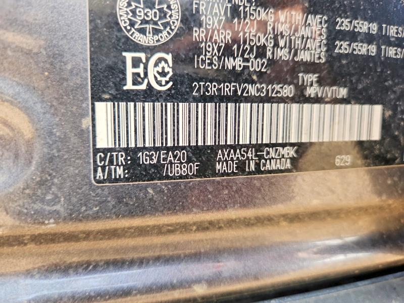 61429646 :رقم المزاد ، 2T3R1RFV2NC312580 vin ، 2022 Toyota Rav4 مزاد بيع