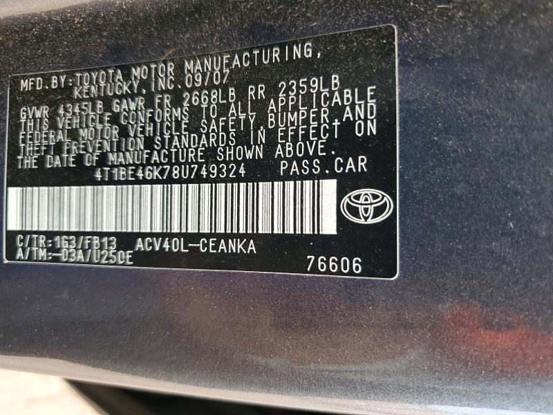 Продажа на аукционе авто 2008 Toyota Camry, vin: 4T1BE46K78U749324, номер лота: 61440416