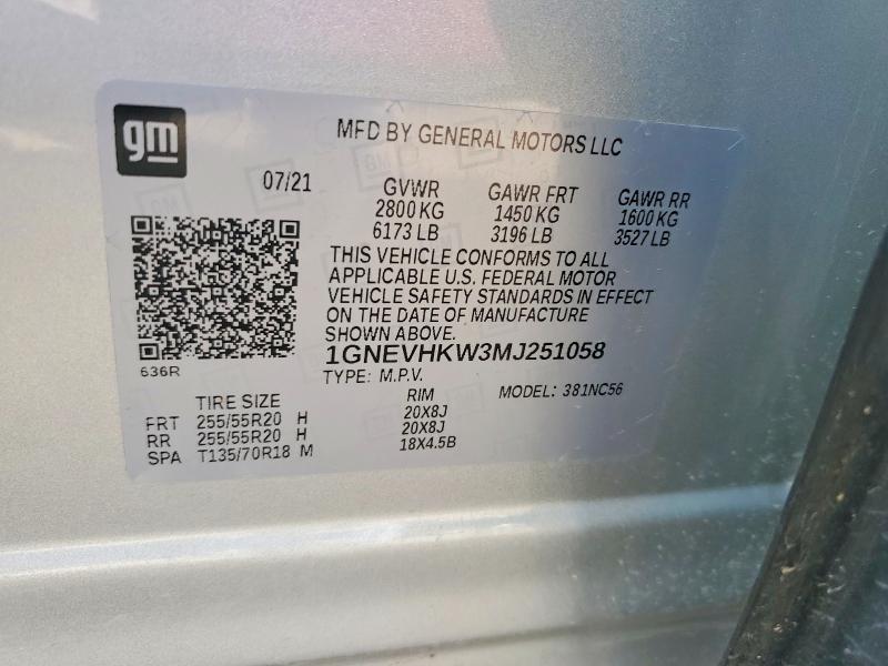 Продаж на аукціоні авто 2021 Chevrolet Traverse, vin: 1GNEVHKW3MJ251058, номер лоту: 60000196
