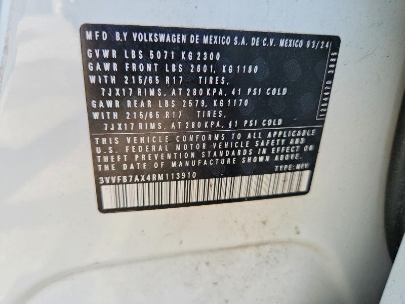 2024 Volkswagen Tiguan მანქანა იყიდება აუქციონზე, vin: 3VVFB7AX4RM113910, აუქციონის ნომერი: 63204766