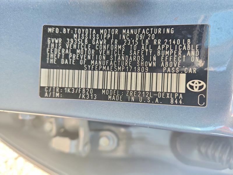 Продаж на аукціоні авто 2021 Toyota Corolla, vin: 5YFEPMAE5MP171809, номер лоту: 60479226