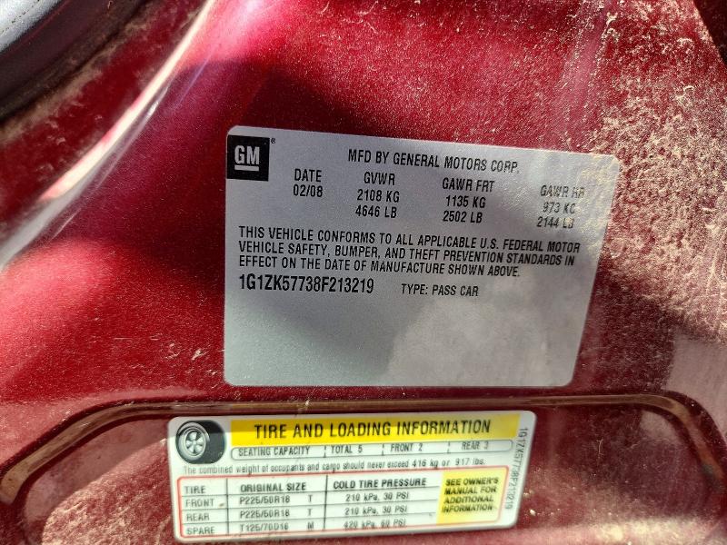 60722046 :رقم المزاد ، 1G1ZK57738F213219 vin ، 2008 Chevrolet Malibu مزاد بيع