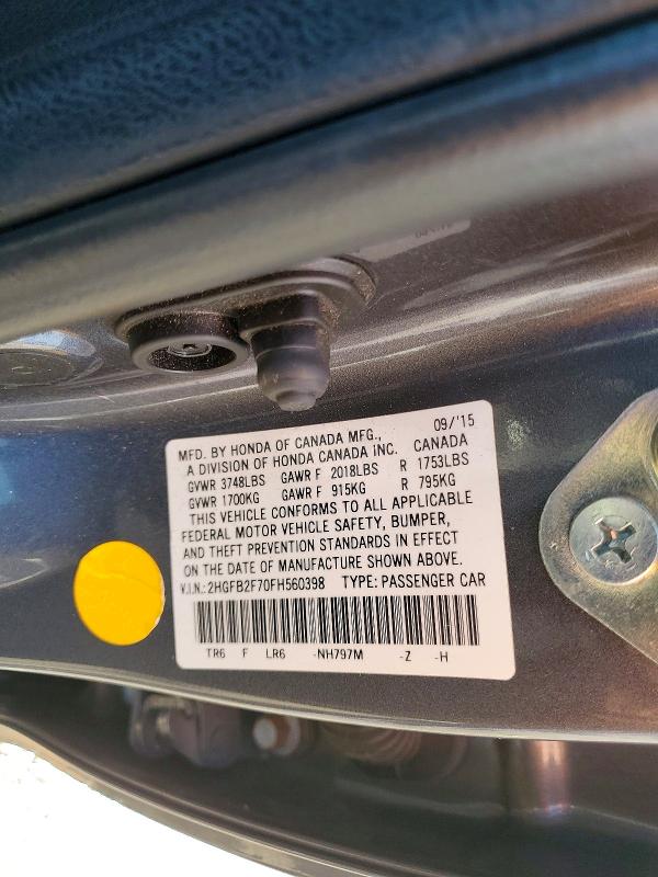 Aukcja sprzedaży 2015 Honda Civic, vin: 2HGFB2F70FH560398, numer aukcji: 60656936